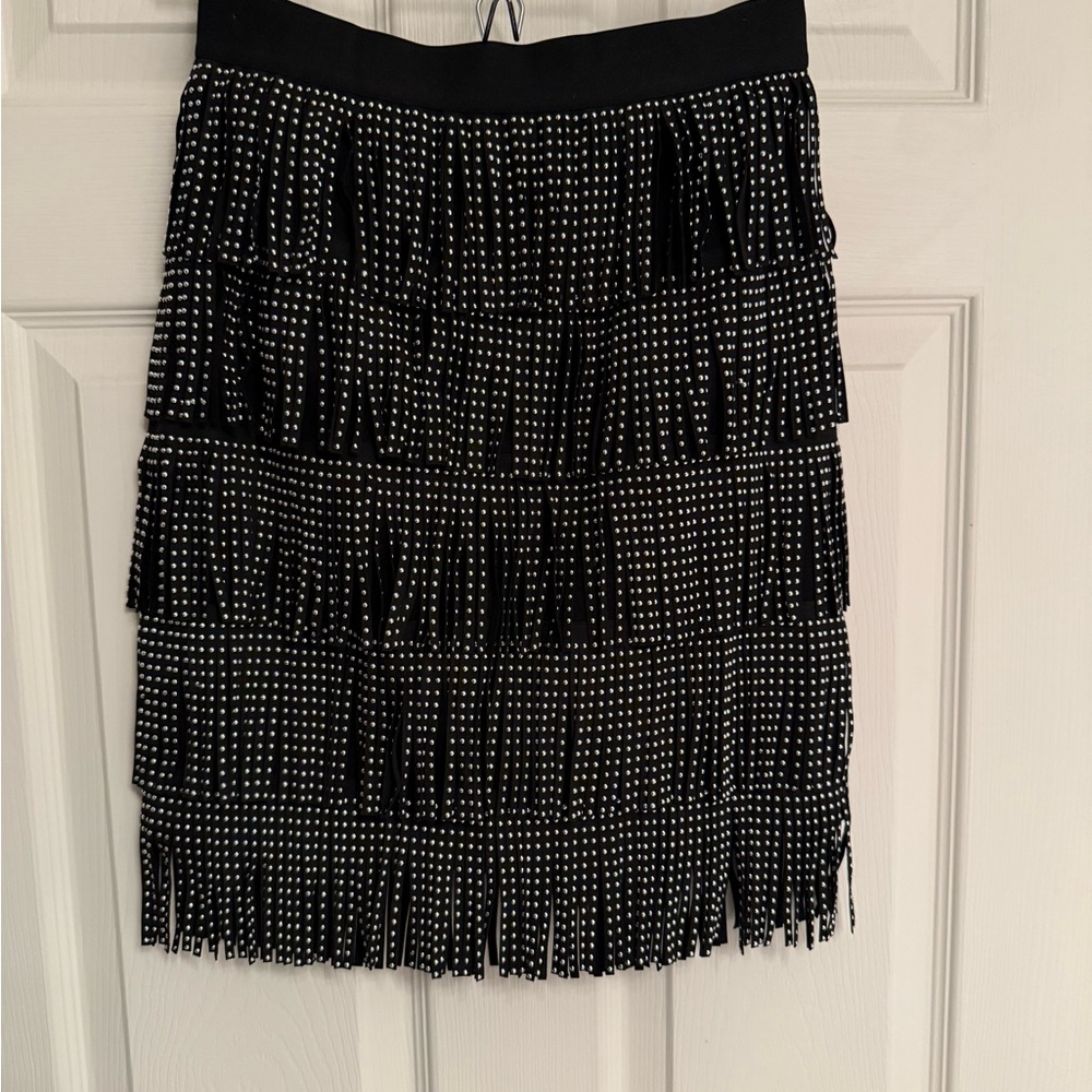 Twik Black Mini Skirt with Silver Stud Metallic Fringe